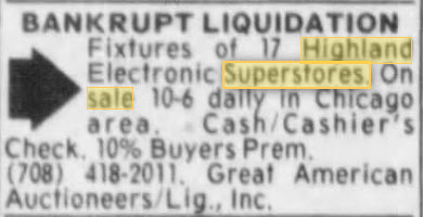 Highland Applicance (Highland Superstores) - Oct 1992 Store Fixtures For Sale